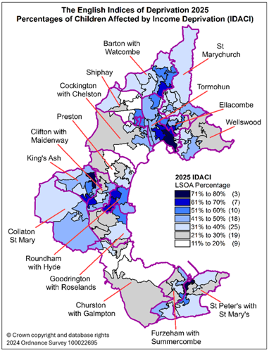 The English Indices of deprivation 2025. Percentages of children affected by income deprivation (IDACI)