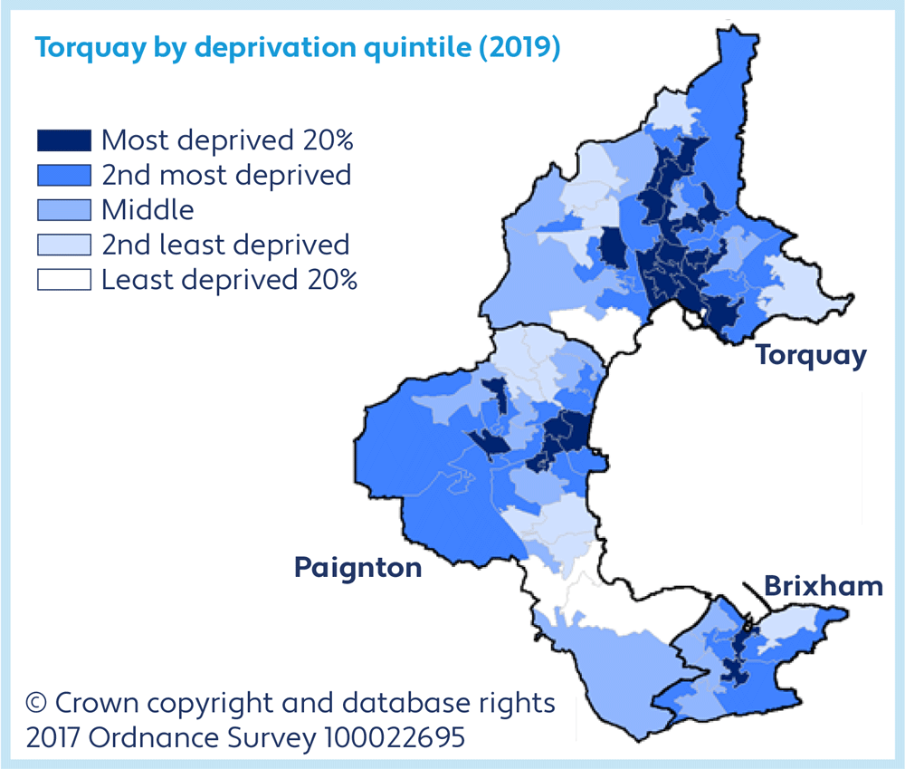 A complex map of Torbay showing the areas of deprivation including the most deprived 20%, 2nd most deprived, middle, 2nd least deprived and least deprived 20%. 