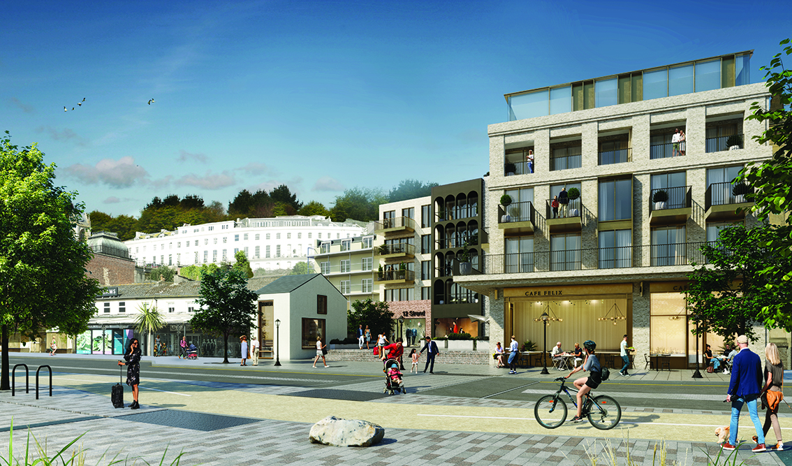 Artists impression. Modern L shaped building. Ground floor shows space for hospitality units, the upper 4 floors show residential homes. The building is surrounded by a paved open public space with trees. 