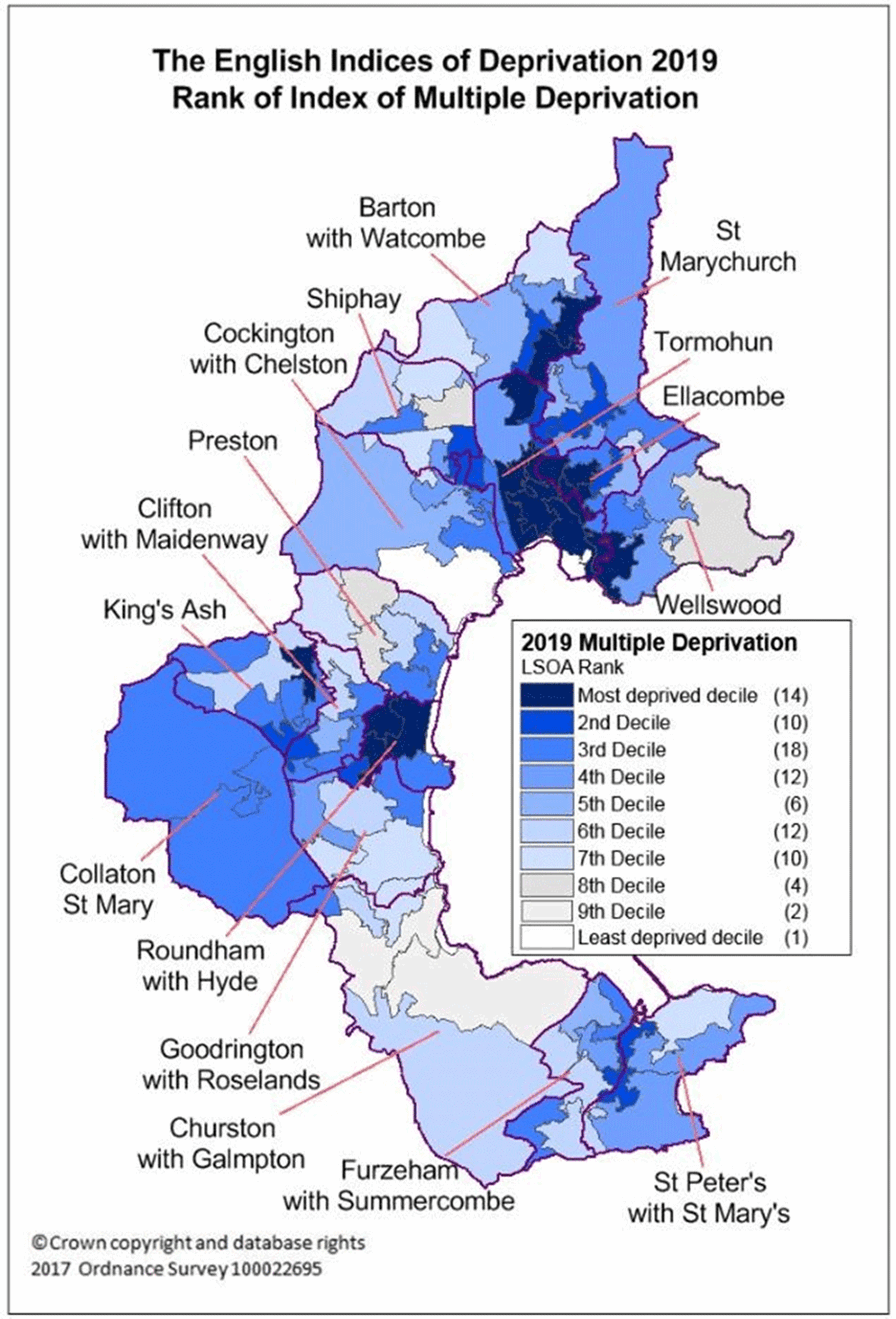 A map showing the Indices of Multiple Deprivation 2019. Please contact us if you would like this information in another format.