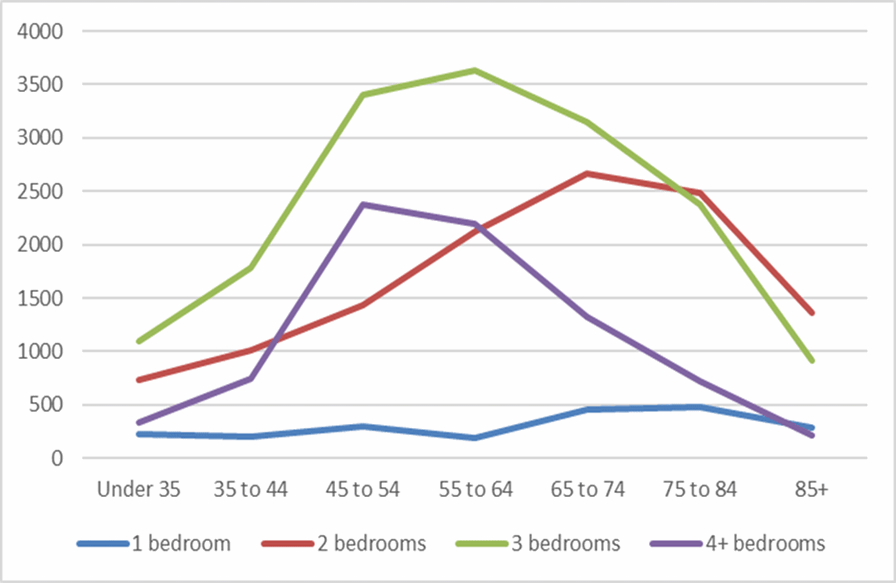 A line chart showing the owner occupation and total dwellings by age cohort. Please contact us if you would like this information in another format.