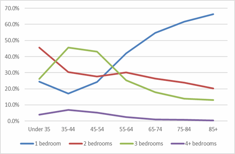 A line chart showing the social/affordable % dwelling size occupied by age cohort. Please contact us if you would like this information in another format.