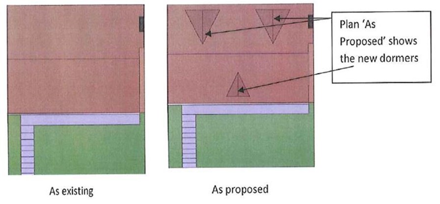 Roof plans image, Plan as proposed shows the new dormers, image showing as existing and As proposed