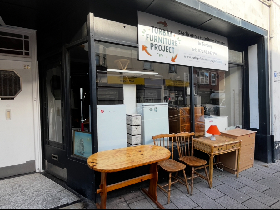 Torbay Furniture Project - outside shot of wardrobes, chest drawers, table and chairs, sofas and cushions for sale