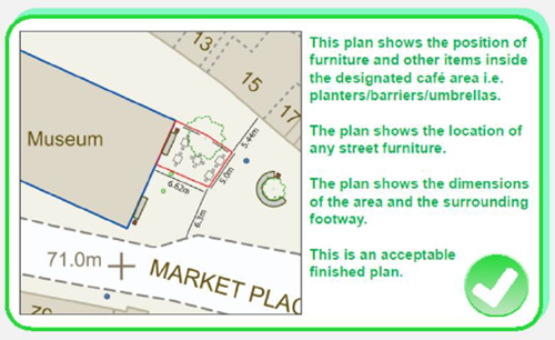 Plan showing a detailed view from above of a premise and street furniture.