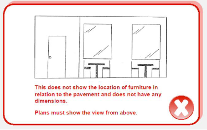 Sketch showing a premise with seating in front of it as viewed from ground level.