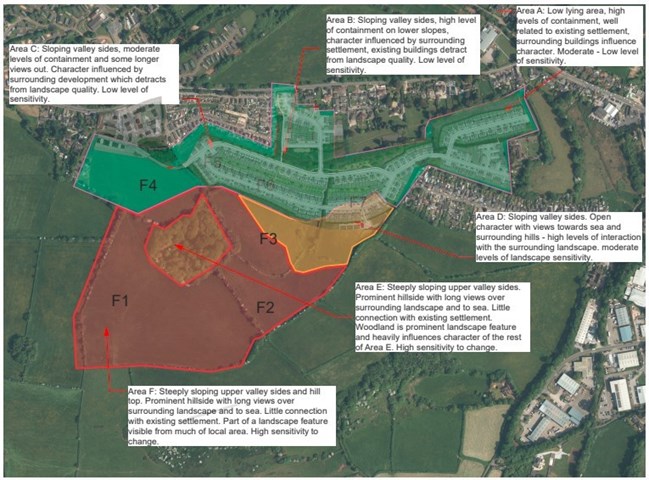 Developable zones and  limiting visual impact The image below shows our proposal underlaid and sitting in zones F4-F7 having the least visual impact on the skyline.