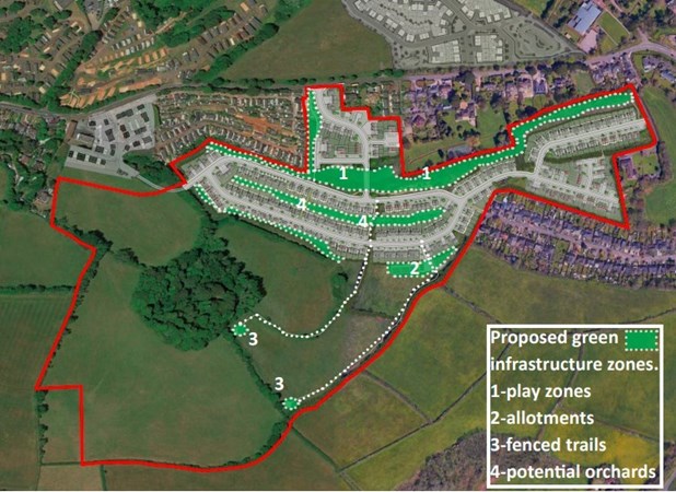 image illustrates the principles for green infrastructure zones and open space used by the public.  The principle of central green ribbon from the 2016 masterplan is retained