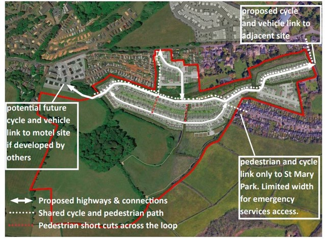 image illustrates the highways layout. The loop shape is a direct response to the steep topography. The layout forms links to adjacent areas so that the development is properly integrated and connected with the wider area.