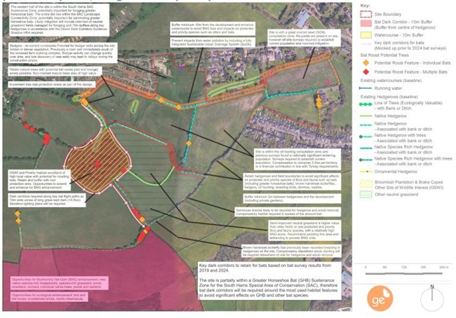 the plan highlights important ecological features including bat dark corridors and potential bat roosts, stream buffers, protected species, designated and priority habitats