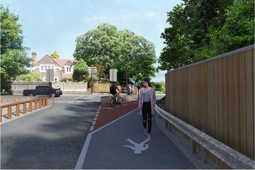 Shiphay Lane  crossing and  access  improvements Viewpoint 2:  Rainbow Drive  towards path to  Torbay Hospital Proposed  layout (with  Keep Clear  marking)