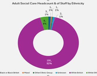 Donut chart titled 'Adult Social Care Headcount & Percentage of Staff by Ethnicity.' It shows the ethnic breakdown of staff: 92% White British (191 people), 4% Unknown (9 people), 1% Other Ethnic Group (3 people), 1% Mixed (2 people), less than 1% Black or Black British (1 person), and less than 1% White Other (1 person)
