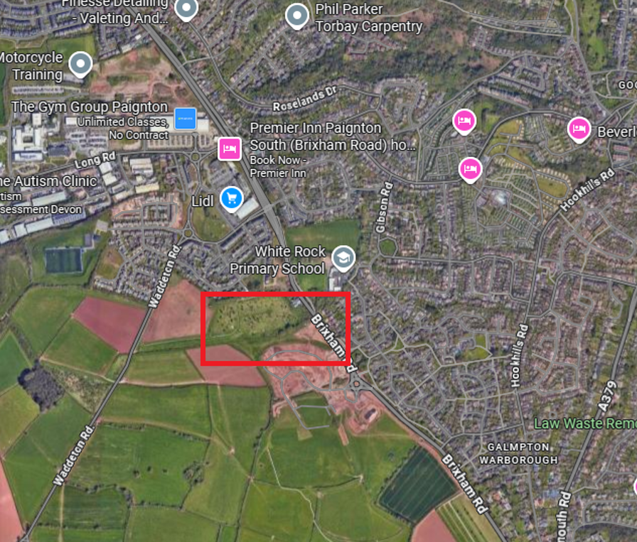 Satellite map view highlighting a wooded area to the South of White Rock Primary School, between Waddleton Road and Brixham Road