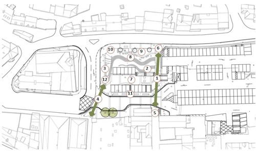 The area of Brixham Town Centre with numbers placed in the car park and surrounding areas.