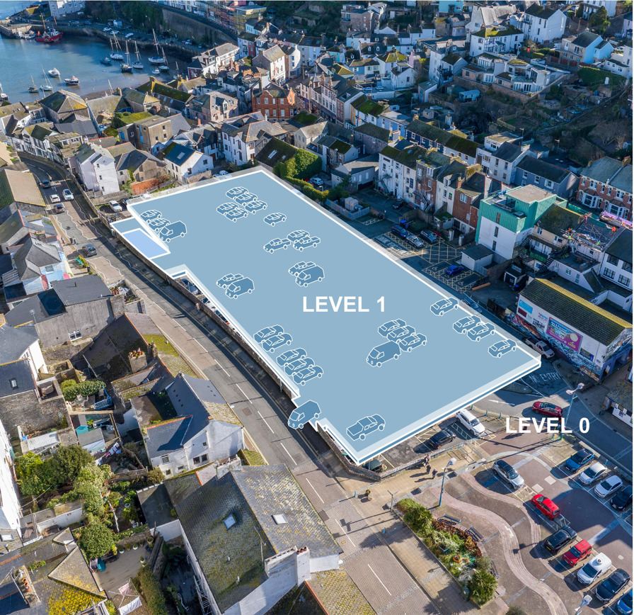 Model of car park keeping the ground floor level (Level 0) with an added single deck parking level above (Level 1).