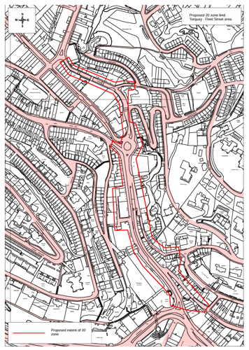 Map showing the proposed 20 mph zone covering Fleet Street and surrounding roads in central Torquay, outlined in red.