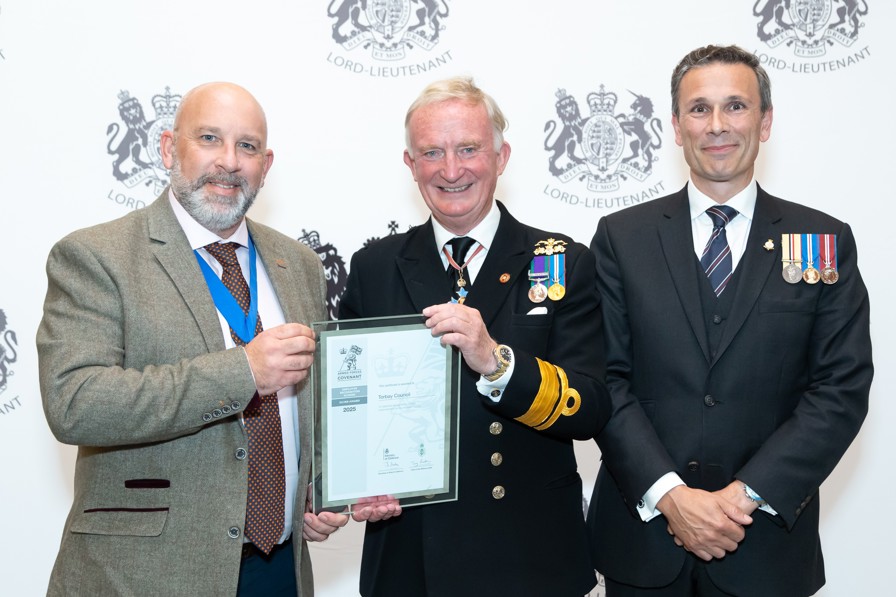 left to right, Cllr Mark Spacagna – Torbay Council Armed Forces Champion, Vice Lord-Lieutenant - Rear Admiral Chris Snow CBE DL, Matthew Fairclough-Kay – Torbay Council Director Corporate Services.
