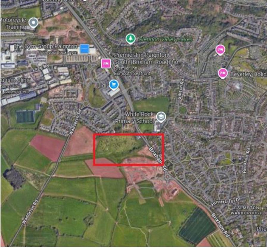 Satellite map view highlighting a wooded area to the South of White Rock Primary School, between Waddleton Road and Brixham Road
