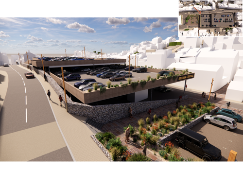 A closer view of the two levels of the car park