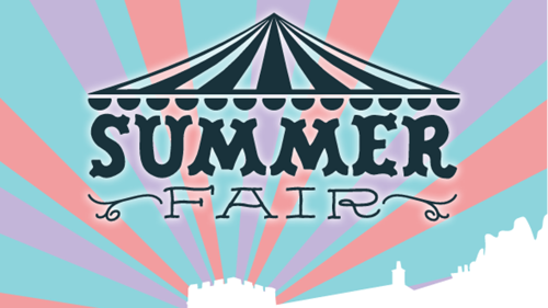 Torre Abbey Summer Fair with a circus tent graphic on a colourful background.