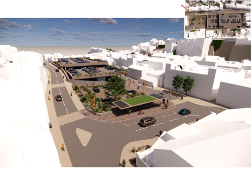 Aerial view of the Brixham Town Square showing two levels of the car park