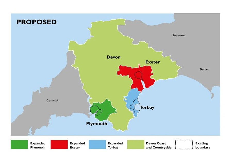 Map of Devon showing the current and expanded boundaries of Plymouth, Torbay and Exeter. The remaining areas of Devon are shown as part of a single Devon Coast and Countryside unitary authority.