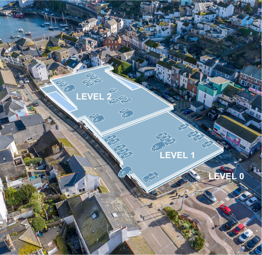 Model of the car park keeping existing ground floor level (Level 0) with an added level split into 2 parking decks (Level 1 and Level 2).