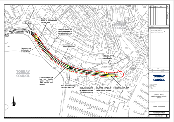 Plan showing proposed highway improvements along Torbay Road between Abbey Sands and Cary Green. Full details are provided below.
