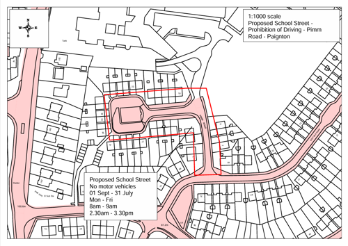 Map showing the proposed School Street driving restriction on Pimm Road, Paignton.