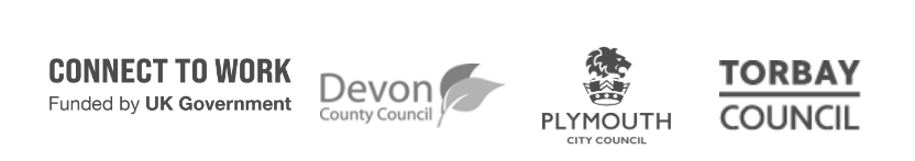 Logos of Connect to Work (funded by UK Government), Devon County Council, Plymouth City Council and Torbay Council.