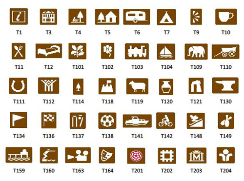 Examples of approved symbols used on brown tourism signs.